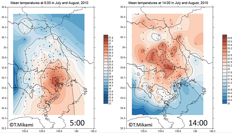 2010年の7月と8月の東京近辺の温度の分布