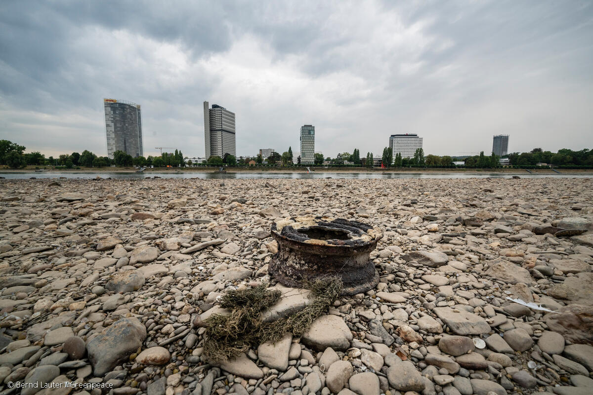 温暖化と雨不足の影響で極端に水位が下がり、干上がってしまったライン川