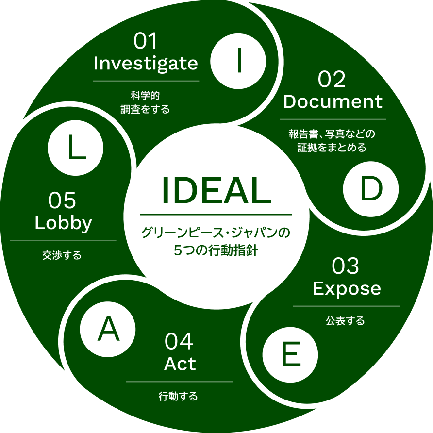 グリーンピース・ジャパンの5つの行動指針 01.Investigate:科学的調査をする 02.Document:報告書、写真などの証拠をまとめる 03.Expose:公表する 04.Act:行動する 05.Lobby:交渉する