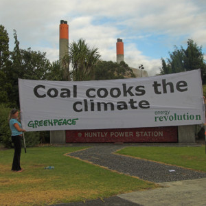 Four members of the Greenpeace climate rescue team scale the 150-metre high smoke stack at the Huntly coal-fired power station and start unfurling a banner that reads: "Climate killer". Due to safety concerns they remove the banner before it is fully deployed. However, another group of activists successfully lay a 45-metre banner on the coal conveyor, which reads "Climate change starts here" with an arrow pointing to the coal station. 

Greenpeace will launch a report called "New Zealand Energy Revolution: How to prevent climate chaos" today, which is the first extensive examination of how New Zealand can restructure its energy system to drastically reduce greenhouse gas emissions and avoid the worst effects of climate change.