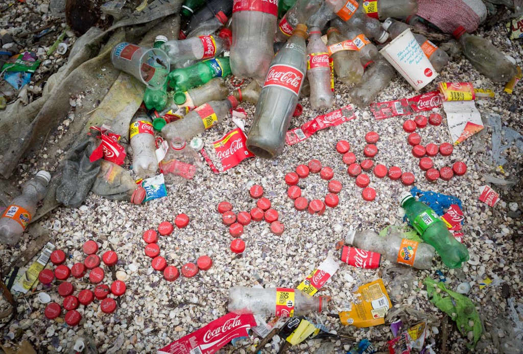 Collection of coca cola bottles and caps found on Freedom Island, Philippines, during a cleanup activity. 
