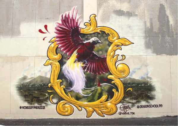 This artwork in Oakland, California is a reminder of the constant threat that the birds of paradise face at the hands of greedy palm oil companies.