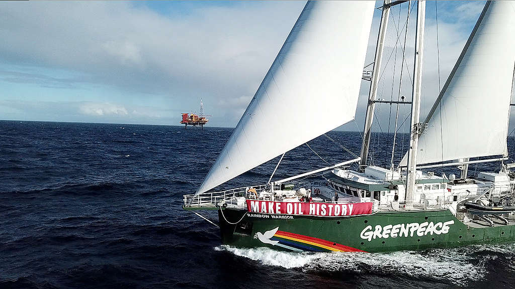 The Rainbow Warrior in Taranaki confronting the oil industry in 2019