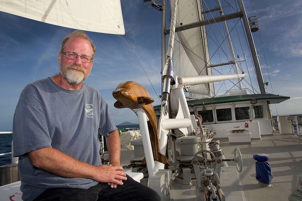 Steve Sawyer, a crew member of the original Rainbow Warrior which was bombed by French secret service agents in 1985 in Auckland, aboard the new Rainbow Warrior during the ship’s first visit to New Zealand. 