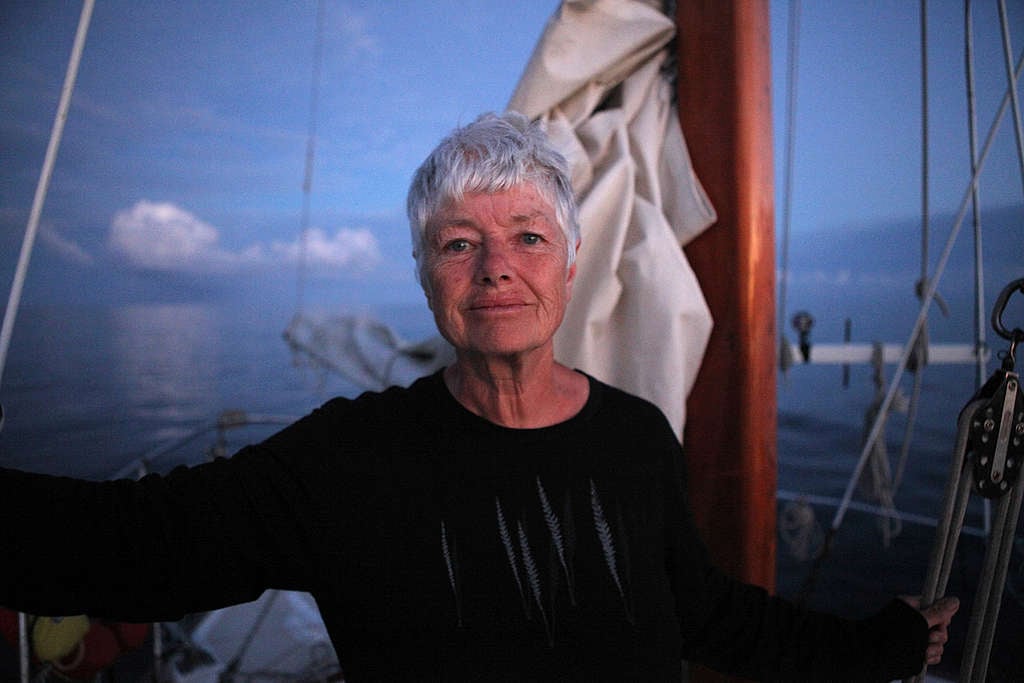 jeanette Fitzsimons aboard the Greenpeace yacht Vega during the Oil Free Seas flotilla
