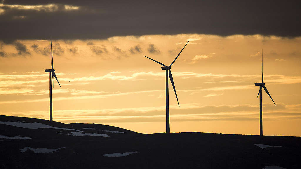 Wind turbines in Tromsø, Norway at sunrise taken from the Greenpeace ship Esperanza. Clean renewable energy is the future! 
© Robert Marc Lehmann / Greenpeace