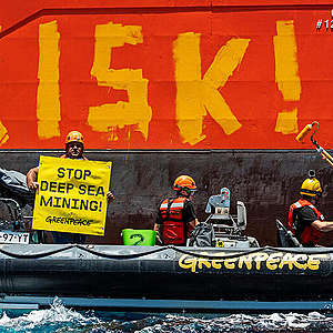 Greenpeace International activists paint the word 'RISK!' on the starboard side of Normand Energy, a vessel chartered by the Belgian company Global Sea Mineral Resources (GSR).  

The Rainbow Warrior is bearing witness to equipment tests carried out by GSR using the Patania II nodule collector, at approximately 4500 metres deep in the Clarion Clipperton Zone. The mining company is aiming to commercially extract minerals from the seabed in the future. 

The Greenpeace ship, Rainbow Warrior is in the Clarion Clipperton Zone in the Pacific to bear witness to the deep sea mining industry. Part of the ongoing 'Protect the Oceans' campaign.