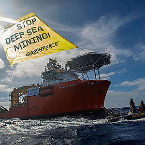 Greenpeace International activists protest against deep sea mining company Global Sea Mineral Resources (GSR), a subsidiary of the Belgian company DEME, in the Pacific Ocean. 
The activists deploy a flying banner reading “Stop Deep Sea Mining!” from an inflatable boat.  The banner  is displayed in front of the ship Normand Energy, chartered by GSR, while the Patania II nodule collector is deployed. The company is currently testing mining gear roughly 1,000 nautical miles off Mexico’s west coast in the Clarion Clipperton Zone – with the aim of future commercial extraction of minerals from the seabed. This new industry could cause devastating effects on the environment and people, including the livelihoods of Pacific island and coastal communities. 

The Rainbow Warrior is in the Pacific to bear witness to the  deep sea mining industry. Part of the ongoing 'Protect the Oceans' campaign.