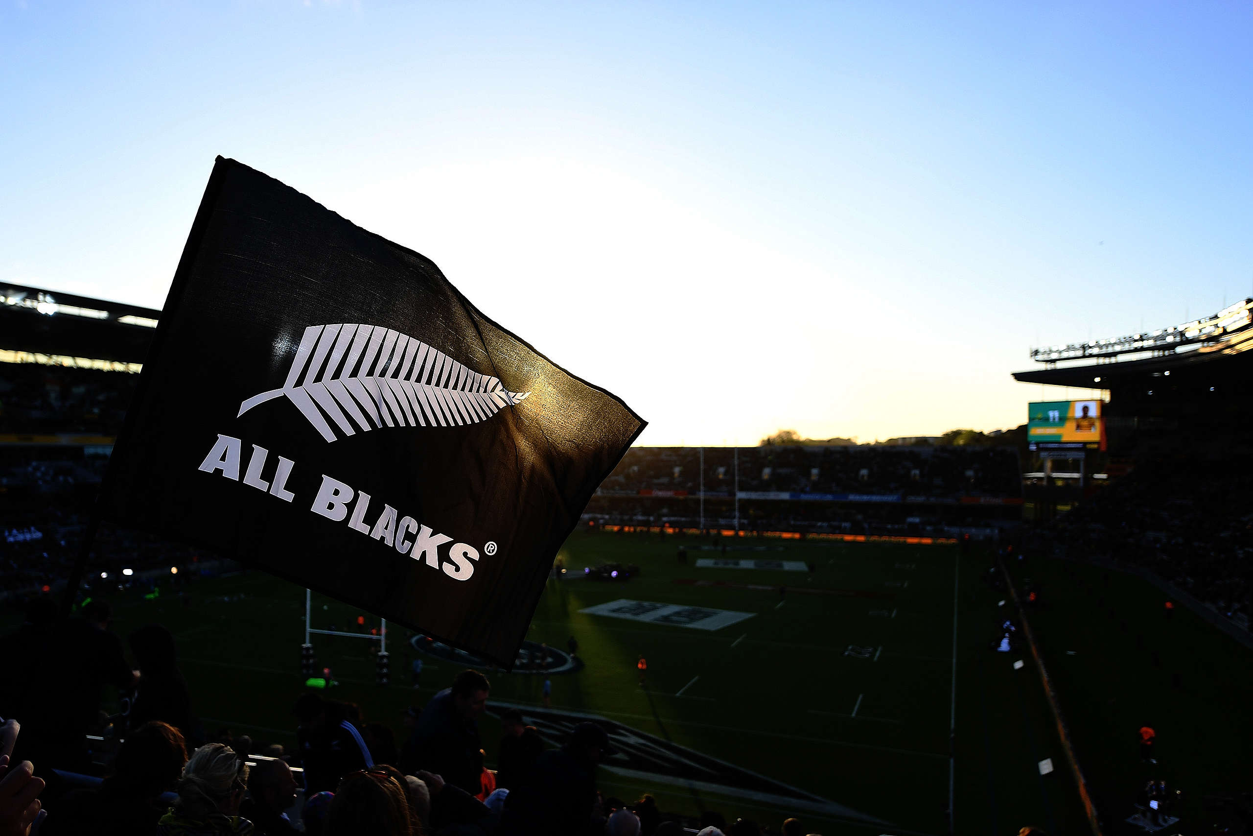 An All Blacks flag waves during the Bledisloe Cup Rugby Championship match between the New Zealand All Blacks and the Australia Wallabies at Eden Park on October 22