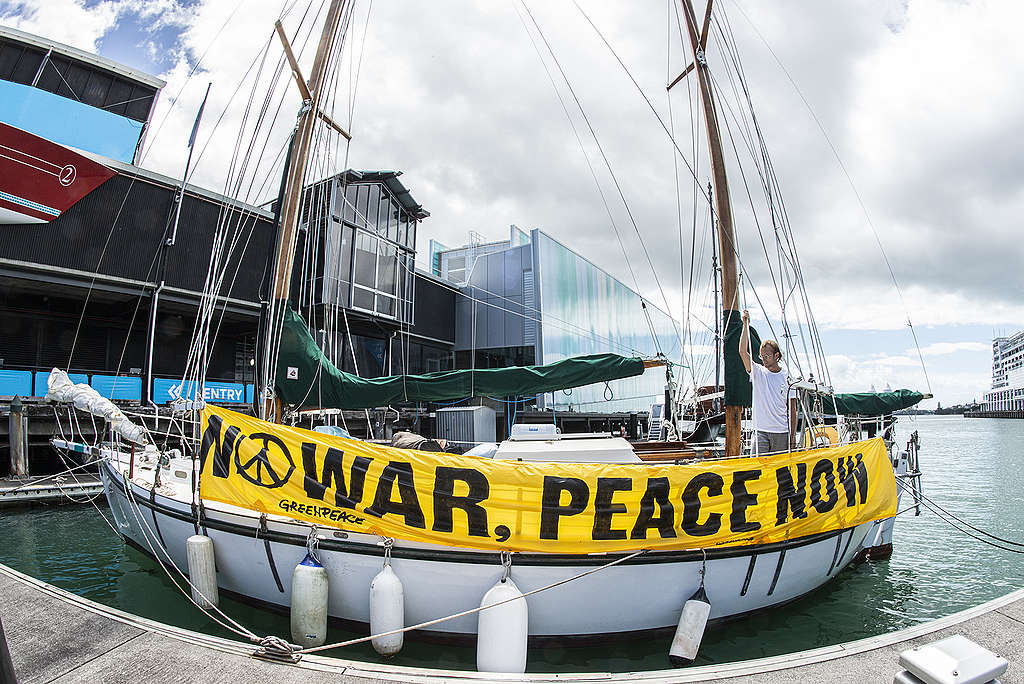 SV Vega in Auckland, Waitemata Harbour being prepared to sail in the Ukraine Peace Flotilla 
(C) Greenpeace / Oaaraki