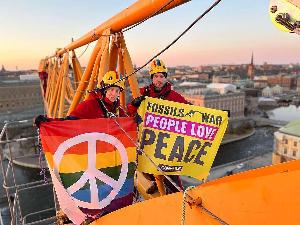 Greenpeace Nordic activists in peaceful protest on top of a construction crane overlooking the Swedish parliament. 
