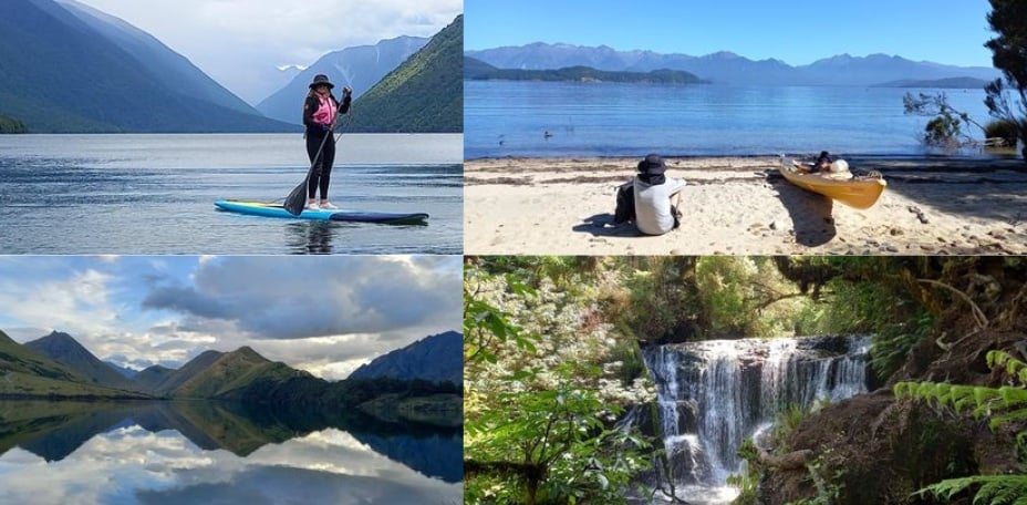 A collage of four images: Christine on a paddle board on flat water, majestic mountains in background; person sitting next to kayak on a lake shore; hills reflected in lake water; a waterfall surrounded by green bush