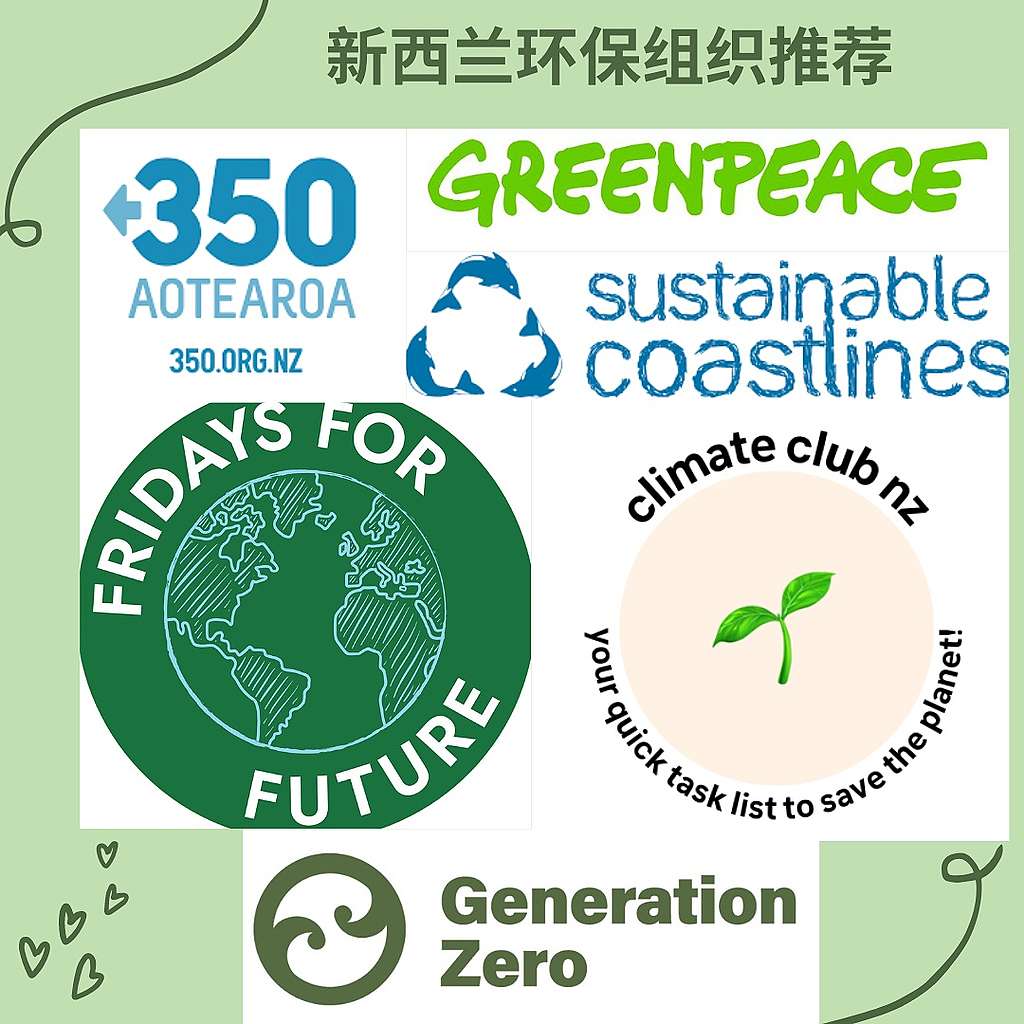 Text and logos for Greenpeace, 350 Aotearoa, Sustainable Coastlines, Generation Zero, Fridays for Future, Climate Club