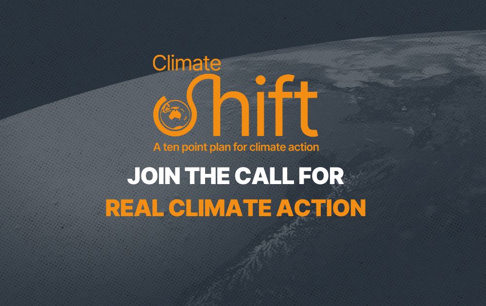Climate Shift logo and text: Join the call for real climate action