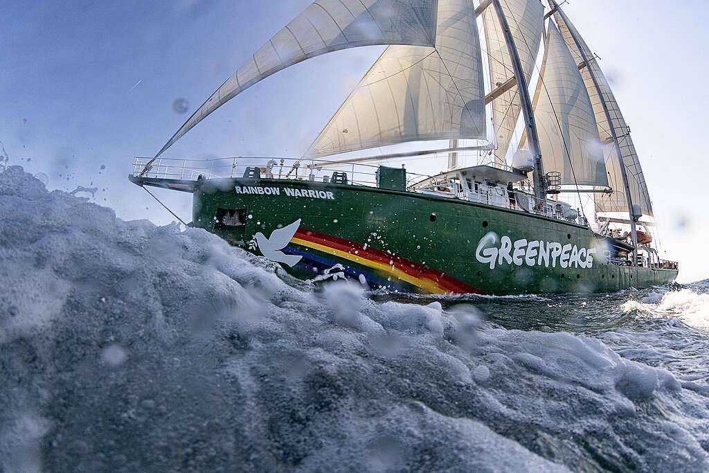 The Greenpeace flagsip ship MY Rainbow Warrior sailing in the Adriatic Sea in Italy.