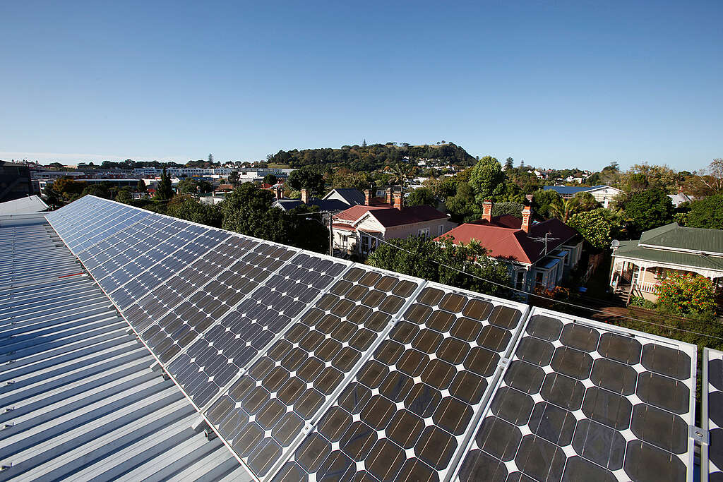 Twenty four photovoltaic panels on the roof of the Greenpeace New Zealand building, help generate electricity for the office. Any surplus can be feed back into the grid. The panels were installed in 2009 as part of an ongoing program of environmental management and improvement within the organisation.