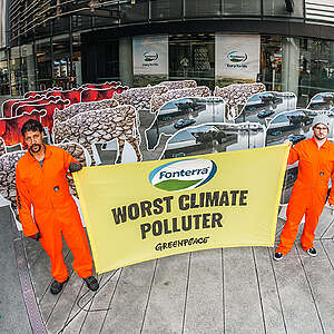 Greenpeace activists corralled a herd of ‘disaster cows’ in front of Fonterra’s Auckland HQ on the dairy giant’s annual reporting day as the dairy giant announced an increased after-tax profit of $1.577 billion compared with $583 million the previous year. The disaster cows are climate disaster images of floods, fires and droughts in the shape of cows. The banner reads Fonterra: Worst Climate Polluter.