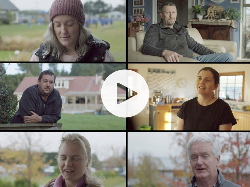 A montage of people in their homes and rural settings taken from the 'Cancer Water' video. In the centre of the image is a 'play' button, indicating that the image is linked to the YouTube documentary called 'Cancer Water'.