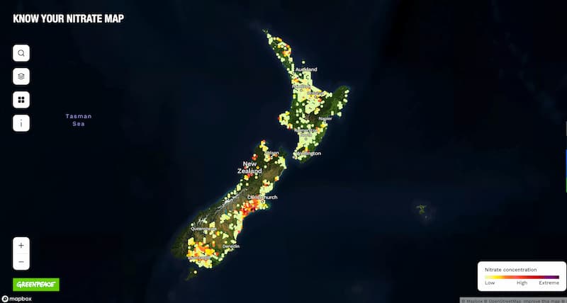 A screenshot of the know your nitrate map shows the whole country with many dots of different colours showing levels of nitrate contamination.