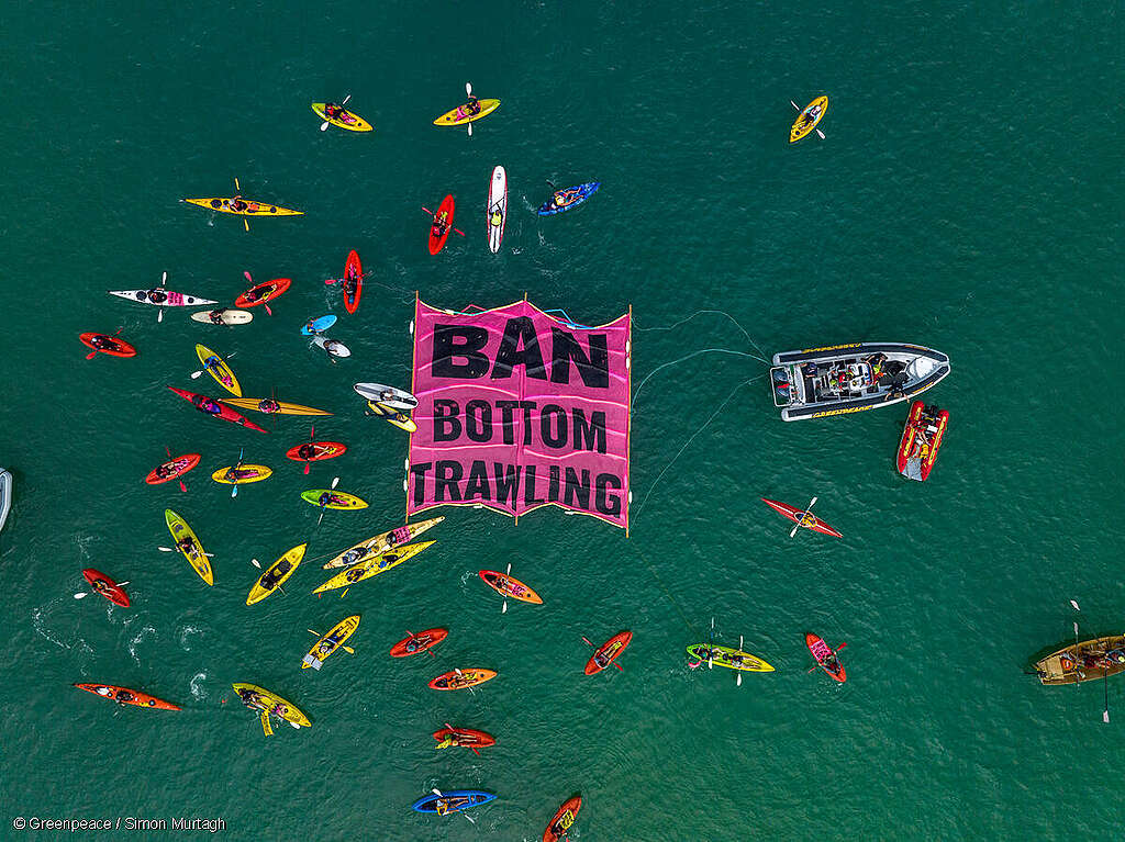 A flotilla of crafts, from fishing boats and yachts to kayaks and stand up paddle boards, surrounding a floating ‘ban bottom trawling’ banner at Mission Bay in Auckland, New Zealand in a show of opposition to bottom trawling in the Hauraki Gulf marine park. Hundreds of people turned out on the beach and on the water for the event organised by Greenpeace Aotearoa and Forest & Bird. Over 60 vessels joined the flotilla.