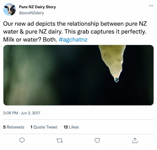 Our new ad depicts the relationship between pure NZ water & pure NZ dairy. This grab captures it perfectly. Milk or water? Both. #agchatnz