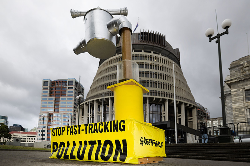 Greenpeace Aotearoa installed a giant, working dairy effluent tap on the lawn of Parliament in response to the Luxon Government's introduction of the Fast-track Consenting Bill which is expected to remove barriers to the dairy industry polluting fresh water.