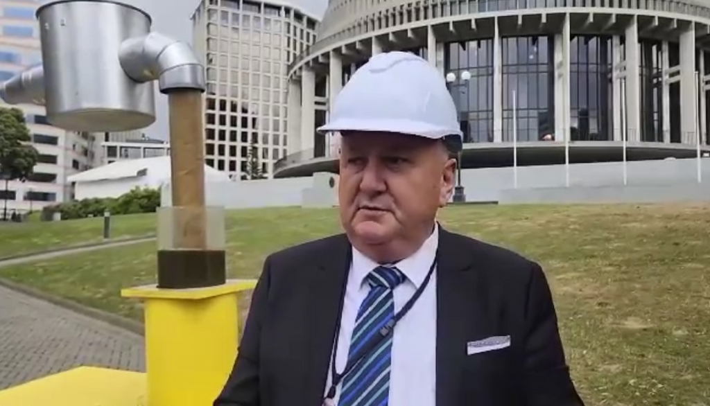 Shane Jones at parliament wearing a hard-hat
