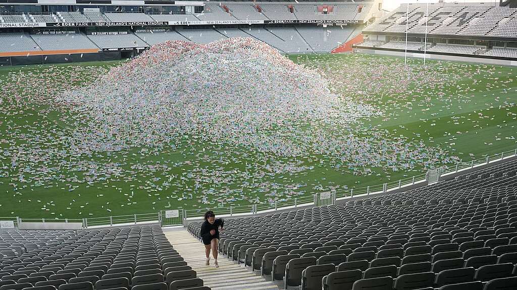 To mark the start of Plastic Free July, Greenpeace has released a startling video showing Auckland’s iconic Eden Park stadium filled with a billion single-use plastic bottles to illustrate the number of single-use plastic bottles sold in New Zealand every year.