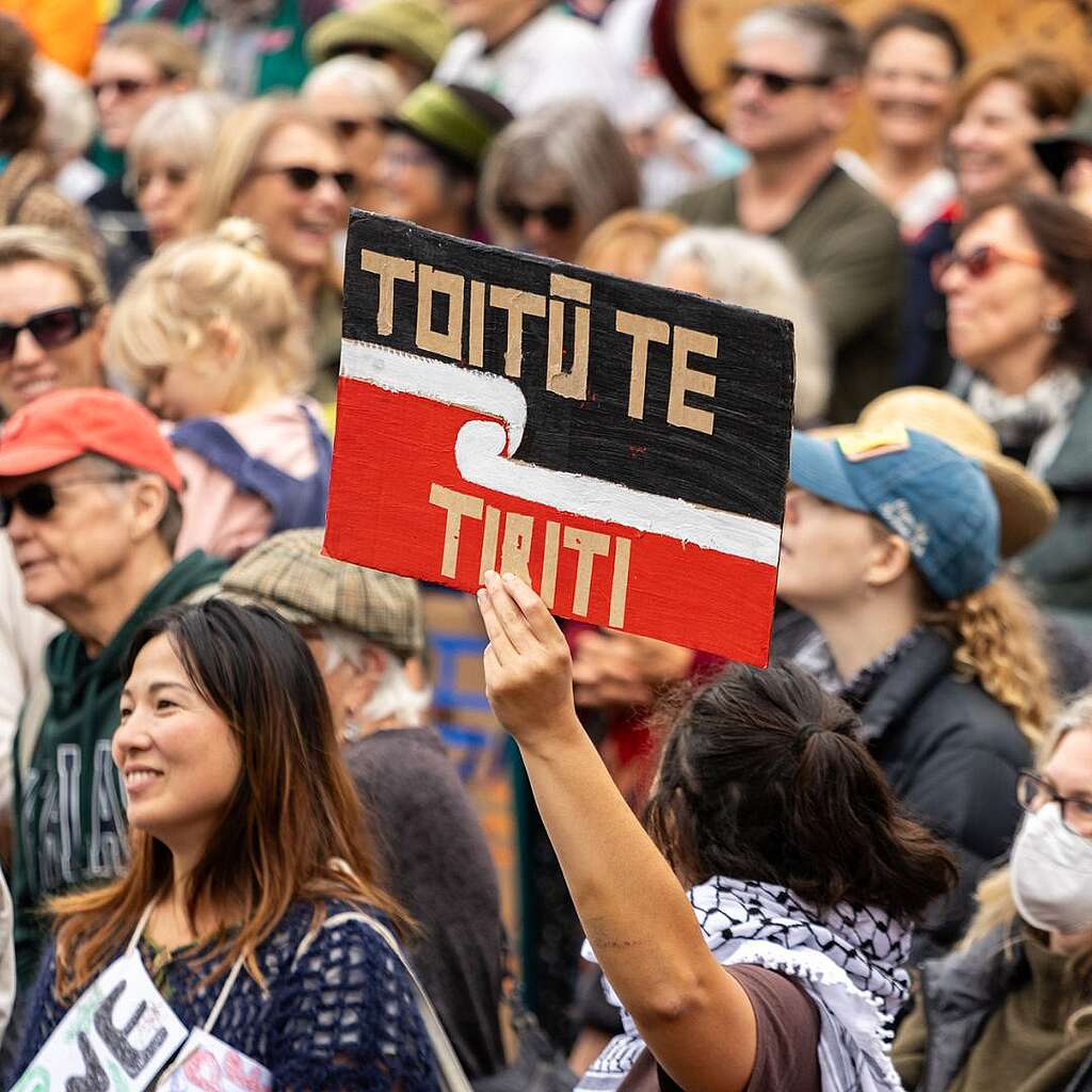 Placards from the March for Nature - Fast track fossil's out - Toitū te Tiriti