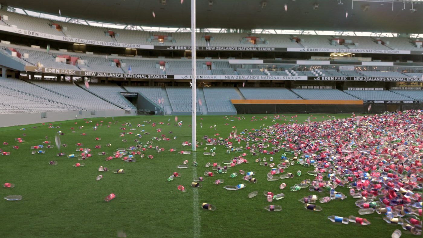 A screenshot from the short CGI video released for Plastic Free July showing what the 1 billion plastic bottles sold every year in New Zealand would look like if it was poured into Eden Park Stadium.