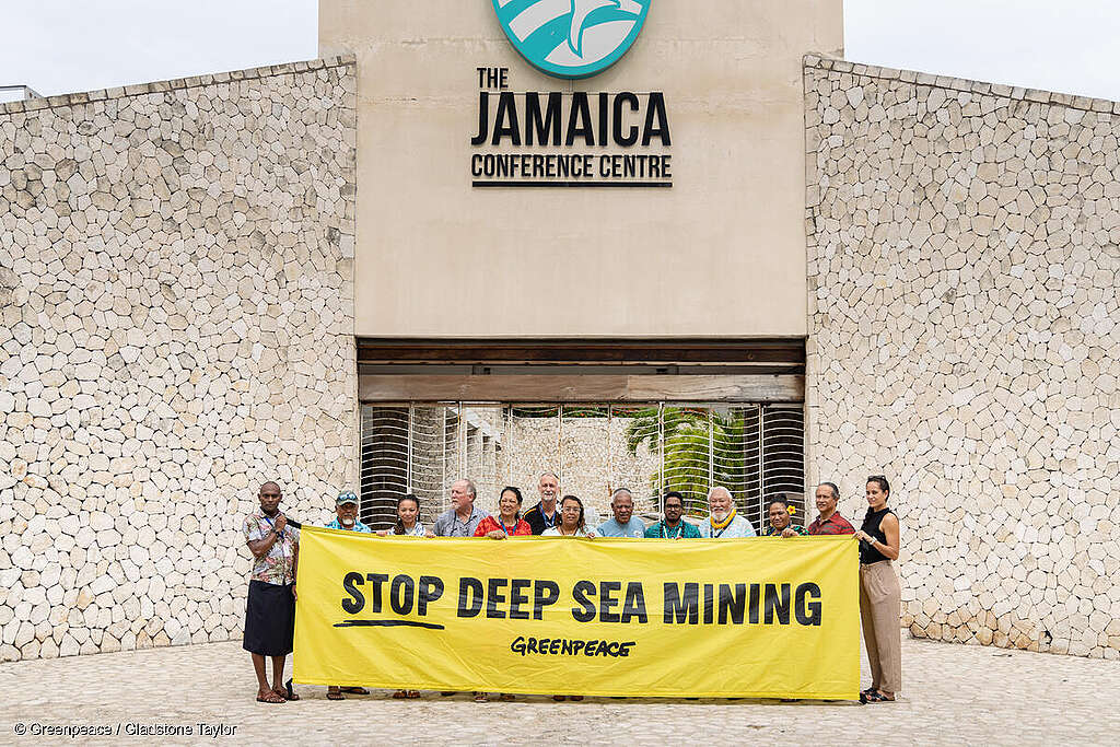 Pacific Leaders Hold Banner saying "Stop Deep Sea Mining" outside ISA Conference Centre in Kingston, Jamaica