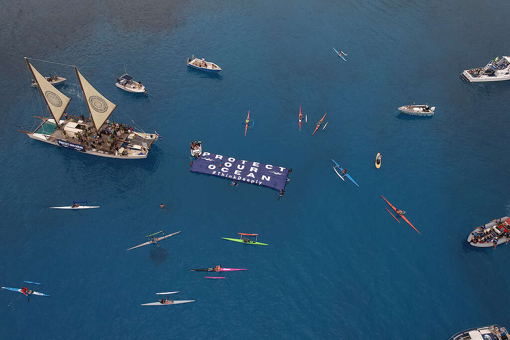 Drone shot of canoes and a vaka with a floating banner that reads Protect Our Ocean.