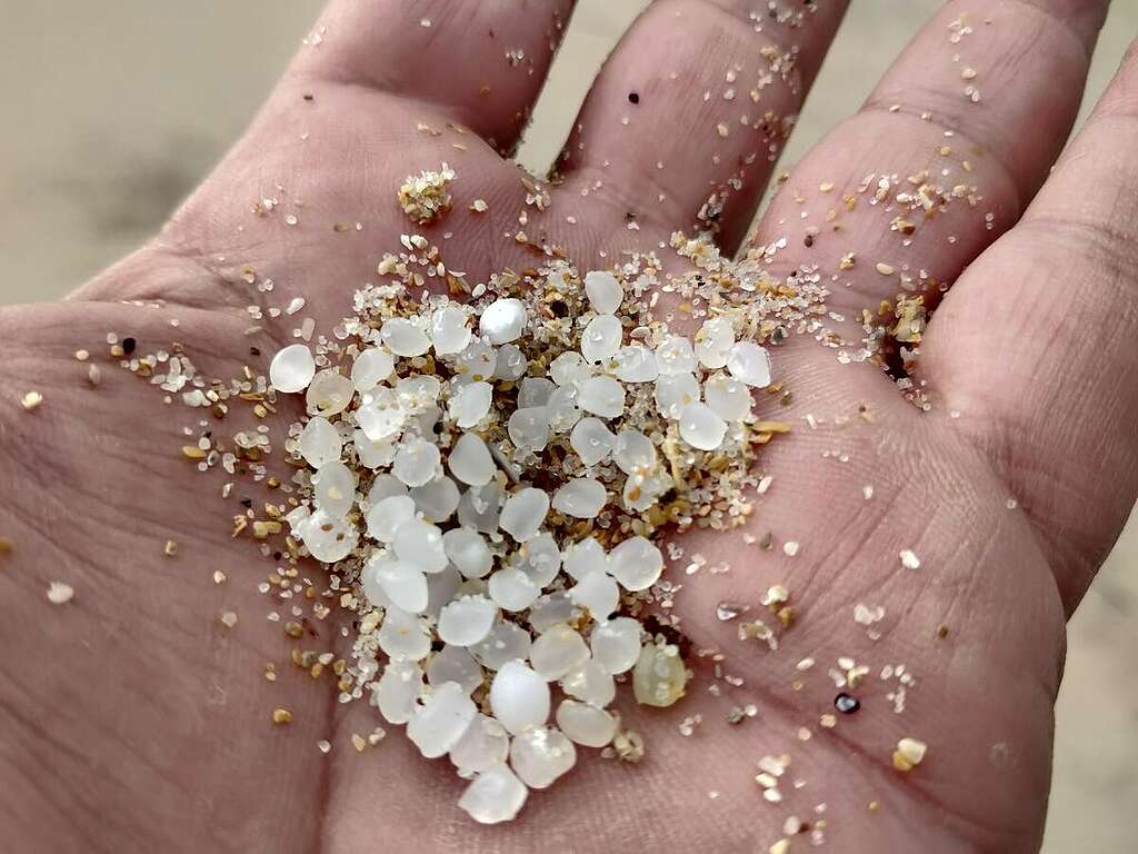 Small white plastic balls found washed up on a beach © Greenpeace / Manoel Santos