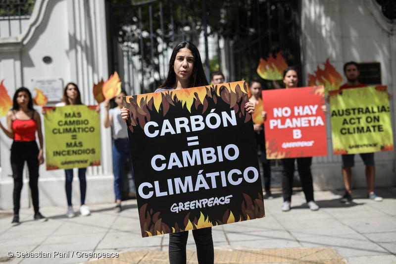 carteles con los mensajes: "Más cambio climático = más incendios"; "Carbón = cambio climático"; "Acción climática ahora"; "No existe el planeta B"; "Australia: actuar sobre el clima".