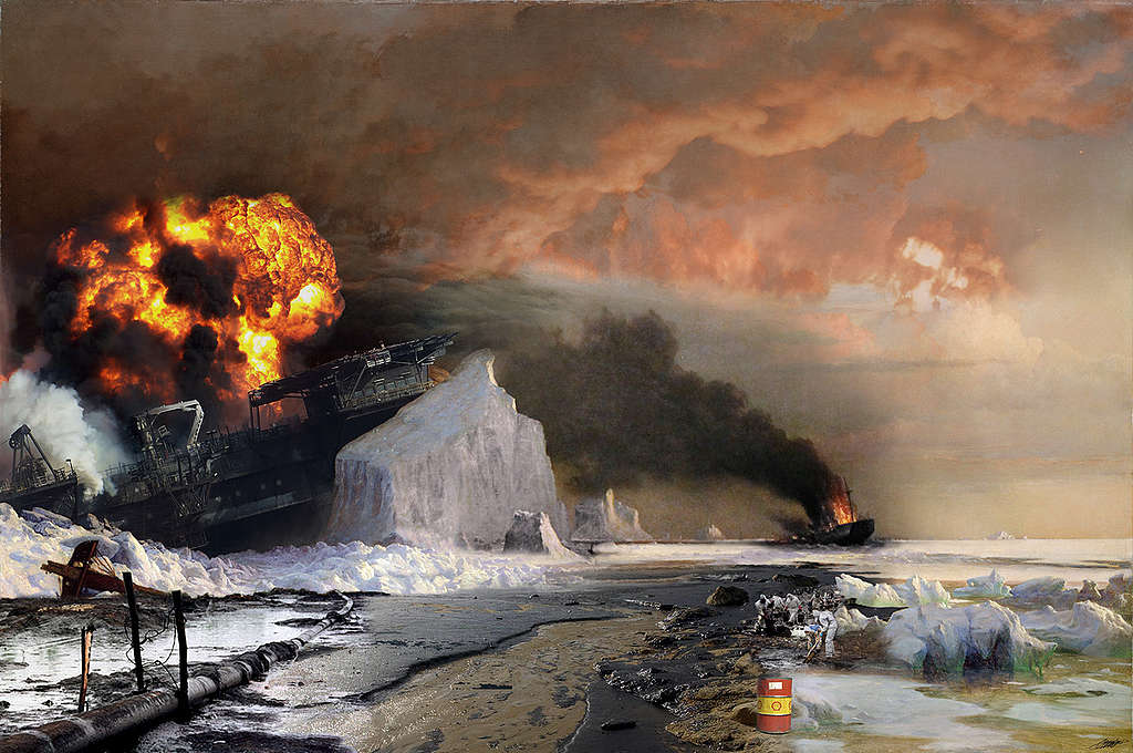 Tela de artista britânico retratando a destruição do Ártico.