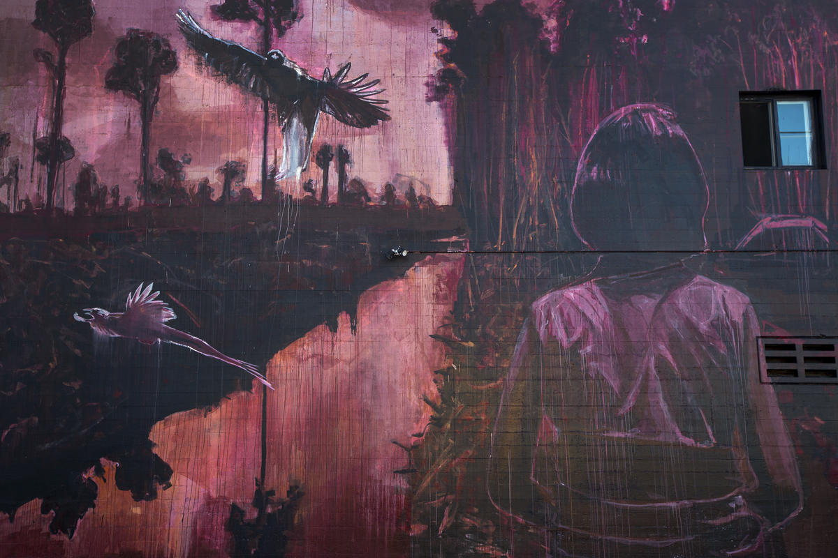 Mural pintado na Califórnia mostra a devastação das florestas na Indonésia