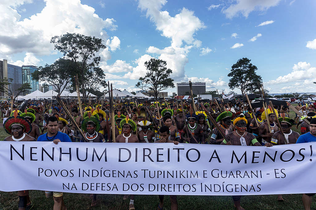 Indígenas realizam uma grande marcha fúnebre em protesto em frente ao Congresso Nacional © Rogério Assis