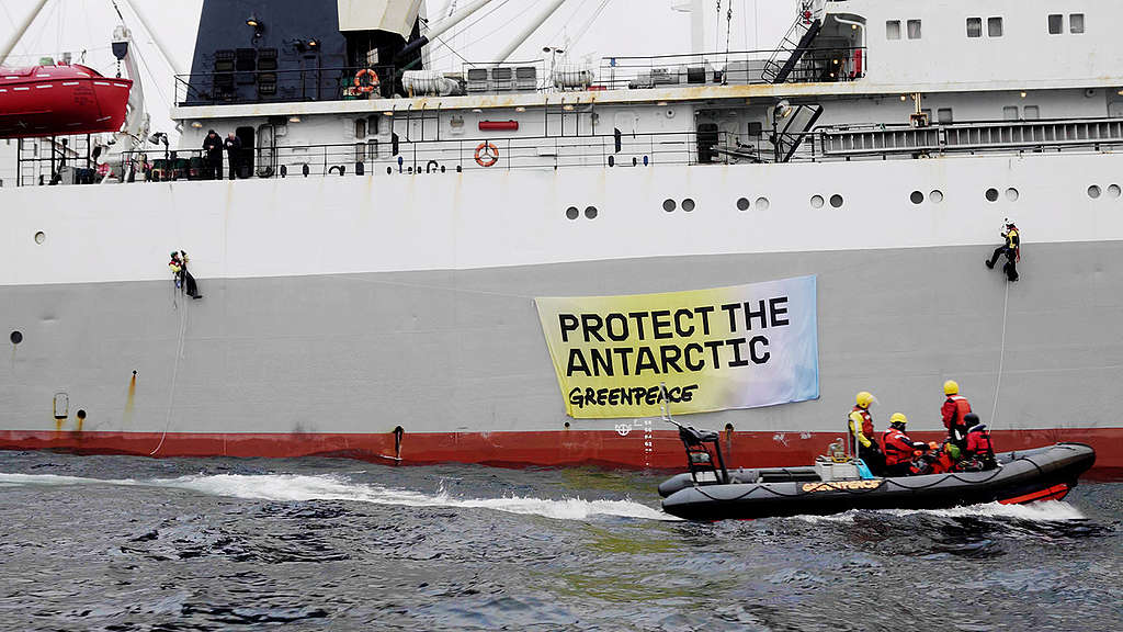 Ativistas colocam banner em navio da Antártida. © Fionn Guilfoyle
