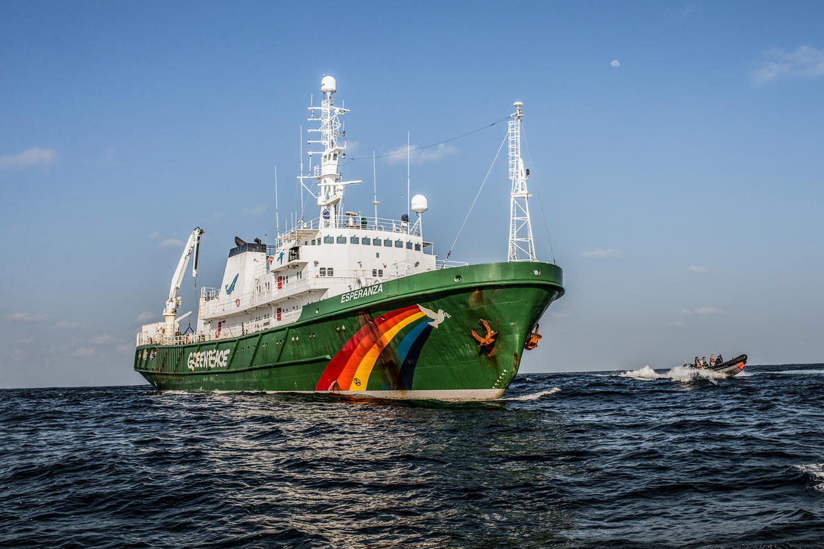 Navio Esperanza, verde com desenho da pomba da paz e cores do arco-íris, sobre o oceano azul, céu azul ao fundo