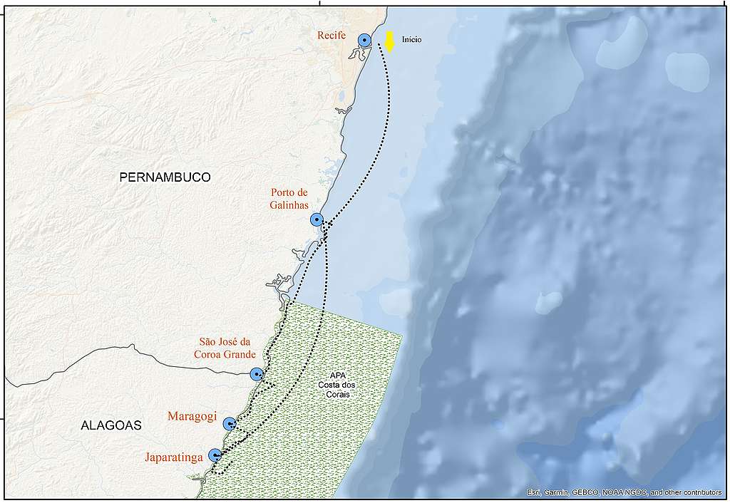 Mapa da costa de pernambuco com os pontos de mergulho realizados