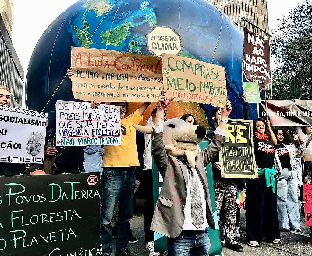 Ativistas em manifestação com banners pelos direitos ambientais