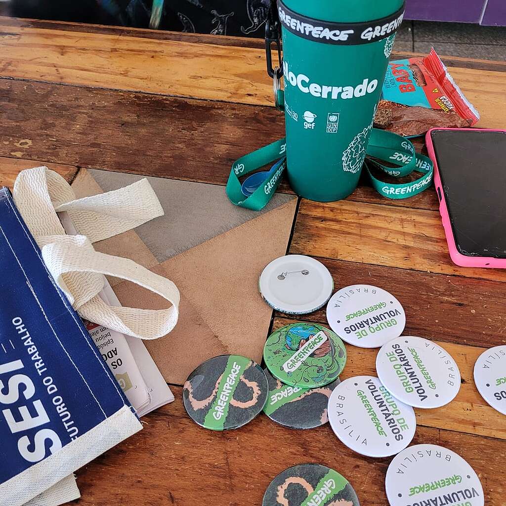 Foto de uma mesa com bottons do Greenpeace e materiais do voluntariado