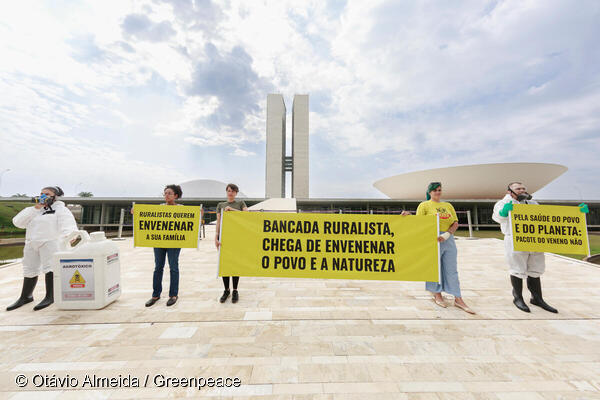 Ativistas do Greenpeace protestam, em frente ao Congresso Nacional, em Brasília.