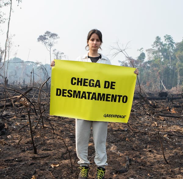 mulher branca com semblante sério posicionada em área desmatada na Amazônia com um banner amarelo aberto. No banner tem escrito: Chega de desmatamento.