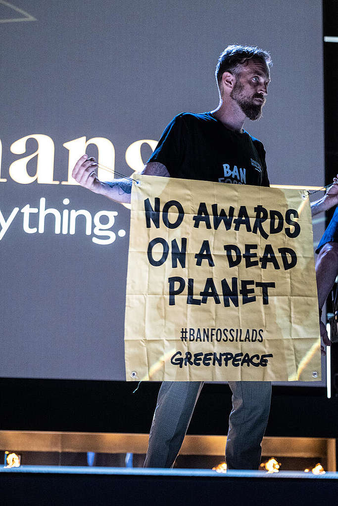 Greenpeace Activist Crashes Cannes Lions Opening Ceremony. © Greenpeace