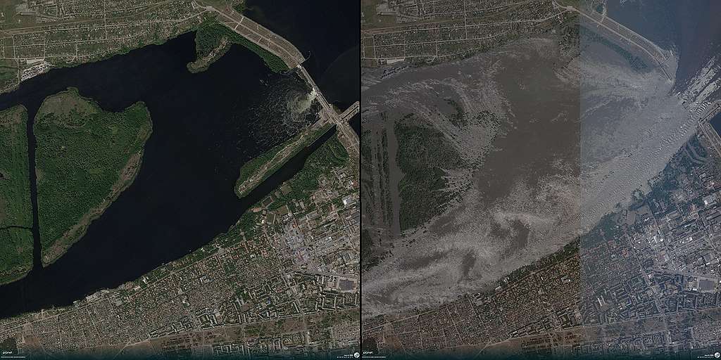Сателитни снимки на язовир Каховка от 4 юни и 6 юни – преди и след разрушаването.