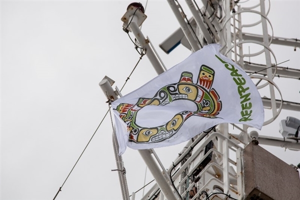 The renewed Sisiutl Crest flies proudly alongside international Greenpeace and Haida Nation flags on the Esperanza ship. © Joseph Strohan / Greenpeace.