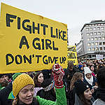 Greenpeace activist Sini Saarela in the crowd. Build bridges not walls, Women’s March, Stockholm, Sweden.
Starting off from Norrmalmstorg in Stockholm, thousands gathered to take part in the Women's march, an initiative from America, where hundreds of thousands are expected to take part in womens marches against President Trump.