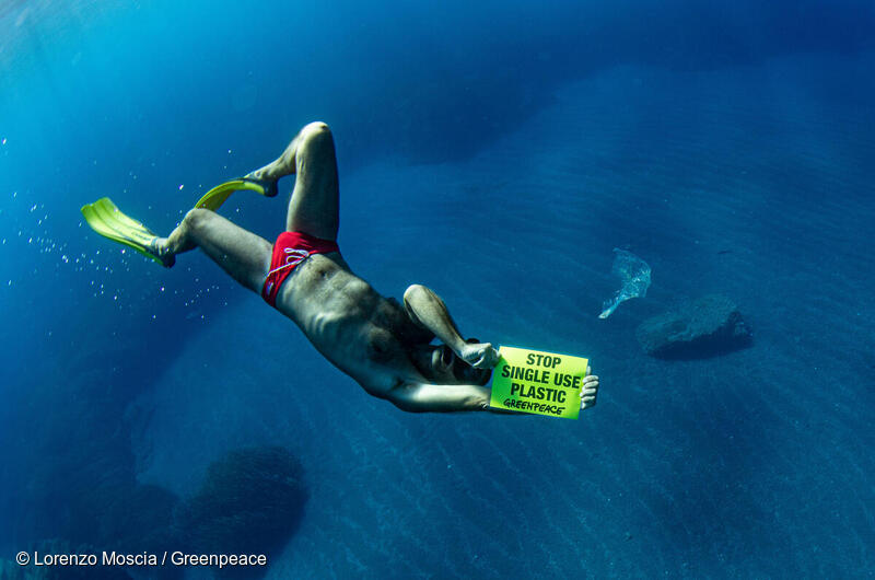 A swimmer holding a sign “stop single use plastic ban”