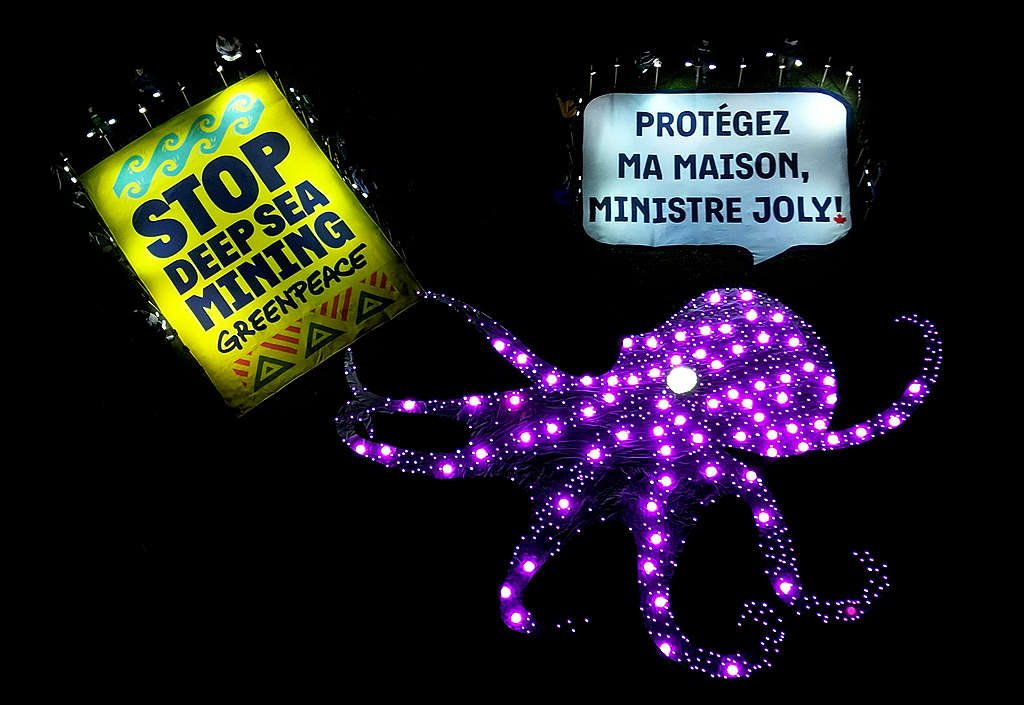 Des activistes de Greenpeace Canada ont installé une pieuvre de 48 pieds sur 30, composée de plus de 1 000 lumières LED, sur l'île Maple à Ottawa pour attirer l'attention sur l'exploitation minière en eaux profondes. La pieuvre fantôme tenait de ses tentacules une banderole sur laquelle on pouvait lire "Stop Deep Sea Mining!" et criait "Protect my home, Minister Joly !" en anglais et "Protégez ma maison, ministre Joly !" en français dans une bulle de discours. À l'approche des négociations qui se tiendront en juillet au sein de l'Autorité internationale des fonds marins, où l'exploitation minière en eaux profondes pourrait être autorisée, les activistes ont mis en lumière, de manière métaphorique et littérale, ce qui est en jeu : des milliers d'espèces, dont la pieuvre fantôme, vivant dans les eaux profondes, souvent dans des zones spécifiquement ciblées par l'industrie minière. Greenpeace demande à Mélanie Joly, ministre des Affaires étrangères - la ministre responsable en dernier ressort de la conduite du Canada à l'ISA - de prendre clairement position contre l'exploitation minière en eaux profondes et de soutenir la demande d'un moratoire sur cette pratique dans les eaux internationales.